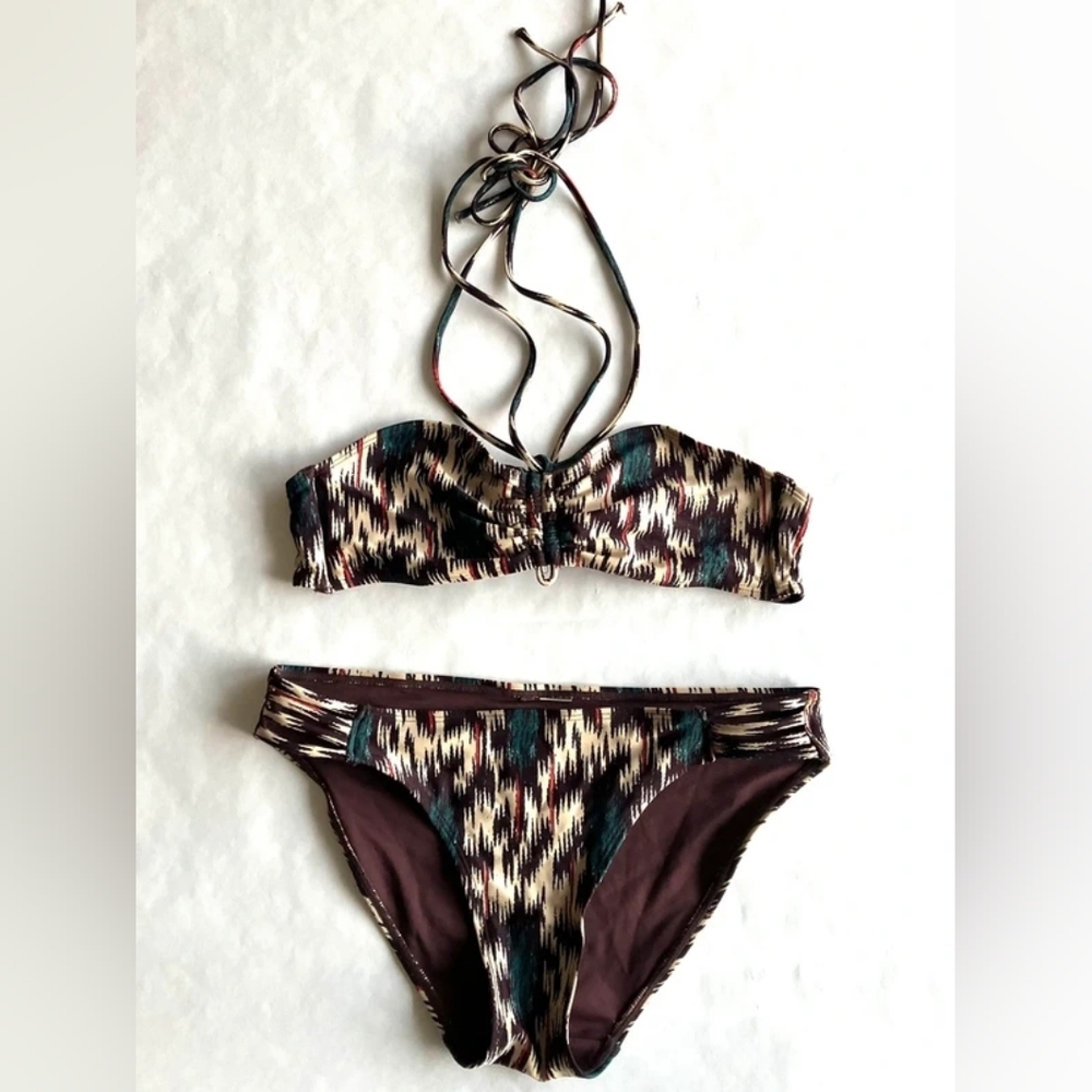 Printed Strapless Bikini Set in Brown and Teal